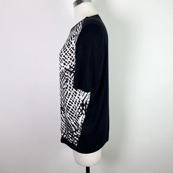 Nordstrom Blouse Top Womens Large Silk Cashmere Sweater Short Sleeve Black White - Picture 4 of 10